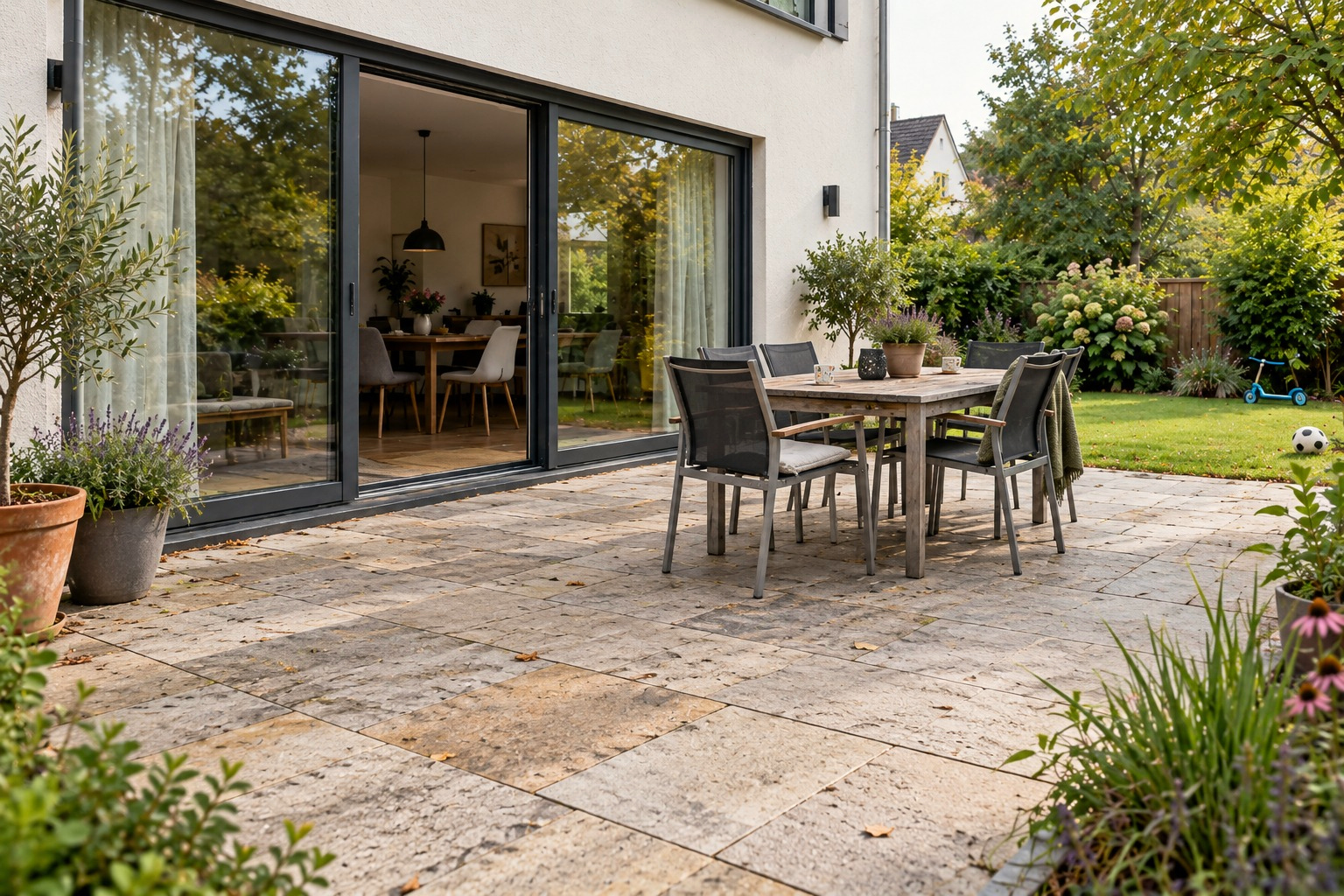 Terrasse mit Natursteinplatten und Gartenmöbeln an einem Einfamilienhaus