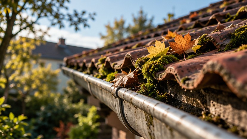 Dachrinne mit Herbstlaub und Moos unter einem Ziegeldach