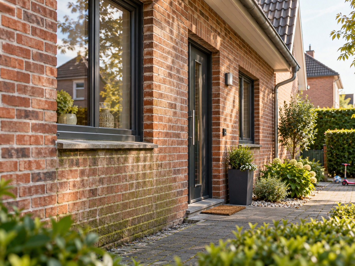 Klinkerfassade eines Einfamilienhauses mit Grünbelag im Sockelbereich