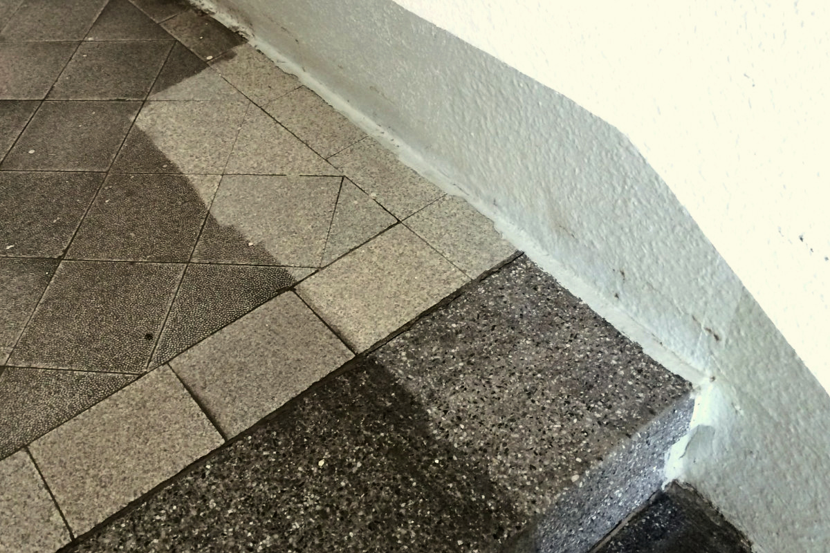 Terrazzoboden im Treppenhaus, zur Hälfte gereinigt