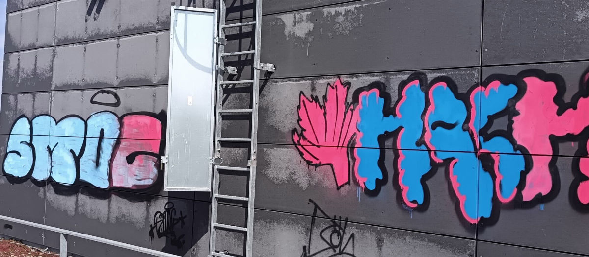 Graffiti an einer Hauswand vor der Reinigung